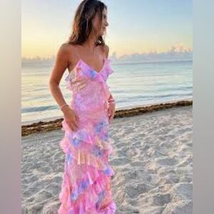 Pink Multi-Color Ruffle Maxi Dress - Women's Summer Slip Dress